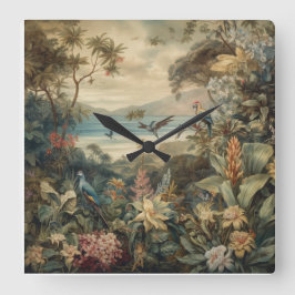 Relógio Quadrado Vintage botânica bird flores no paraíso