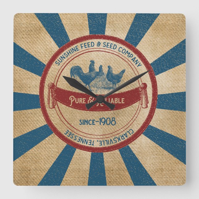 Relógio Quadrado Vintage Burlap Feed Sack design Sunshine (Frente)