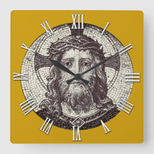 Relógio Quadrado Vintage Christian Clock com Jesus Cristo Mosaico