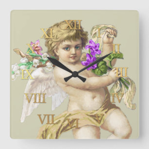 Relógio Quadrado Vintage Clock: Numerais Romanos Cherub Dourado