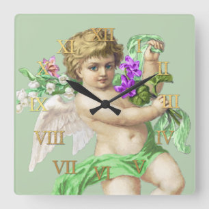 Relógio Quadrado Vintage Clock Roman Numerals Cherub Green