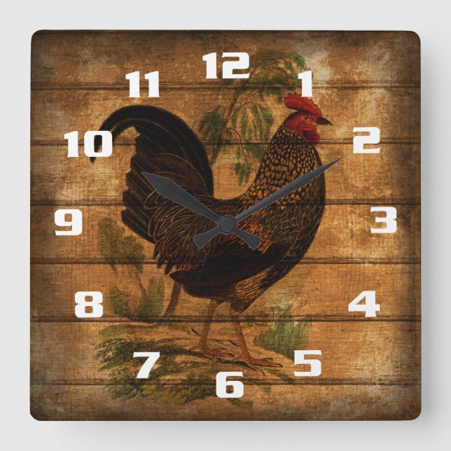 Relógio Quadrado Vintage Country Rooster Sobre Madeira Rústica (Frente)
