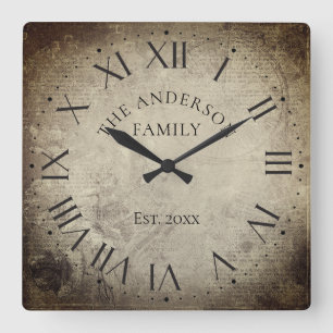 Relógio Quadrado Vintage Elegant Family Name Roman Numeral Rustic