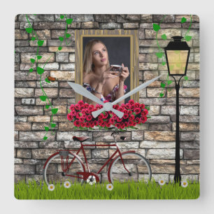Relógio Quadrado Vintage Fairytale Bicycle Rosa Girly Photo Frame