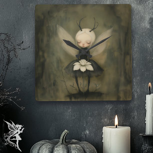 Relógio Quadrado Vintage Gótica Fada e Flor Branca Fantasia Escura