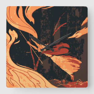 Relógio Quadrado Vintage Halloween, Mau bruxa com fogo na floresta