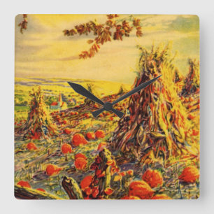 Relógio Quadrado Vintage Halloween Pumpkin Patch com Haystacks