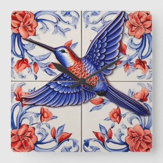 Relógio Quadrado Vintage Hummingbird Azulejo