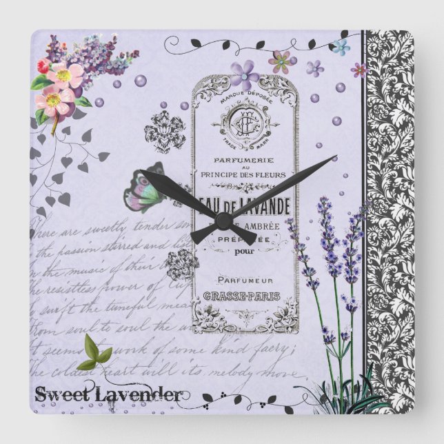 Relógio Quadrado Vintage Lavanda Collage clock (Frente)