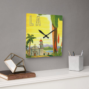 Relógio Quadrado Vintage Los Angeles, Missão da Califórnia com Palm