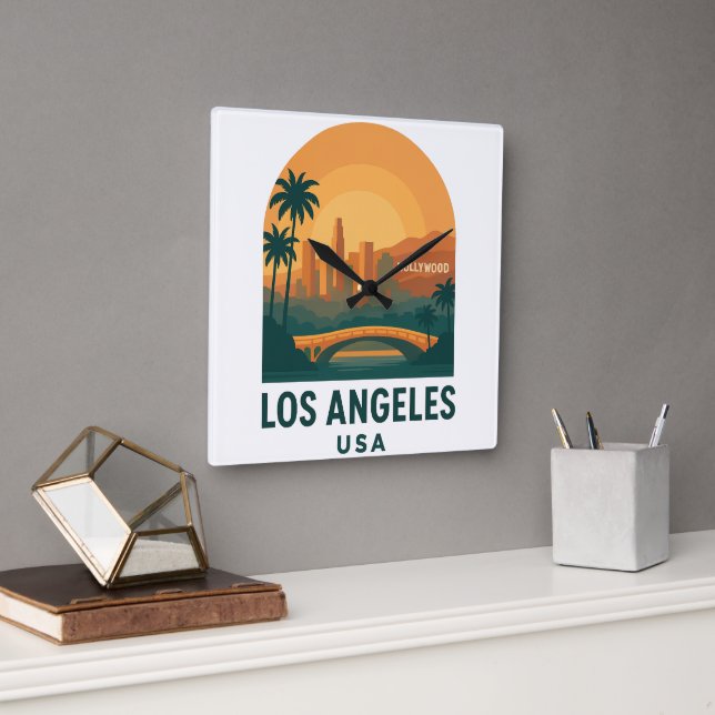 Relógio Quadrado Vintage Los Angeles Travel – Retro Hollywood  (Escritório)