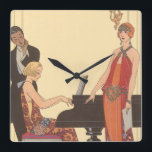 Relógio Quadrado Vintage Music, Arte Deco Cantora Pianista<br><div class="desc">Ilustração de Vintage,  design musical de arte deco com pianista tocando piano e cantor prestes a cantar e tocar com música. As mulheres estão vestindo vestidos clássicos de 20 na moda. Incantação de George Barbier. 1922</div>