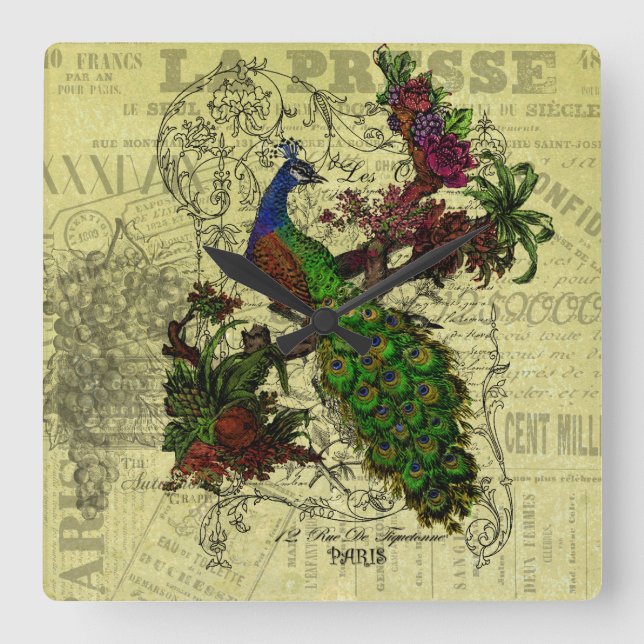 Relógio Quadrado Vintage Peacock Wall Clock (Frente)