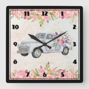 Relógio Quadrado Vintage Pickup Truck Rustic Watercolor