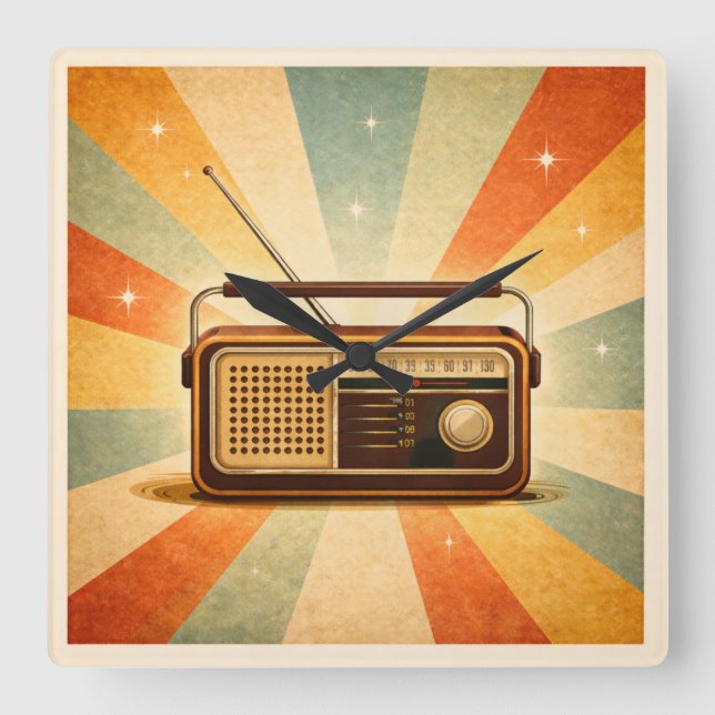 Relógio Quadrado Vintage Radio Retro Sunburst Wall Clock (Frente)