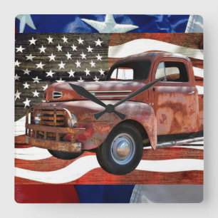 Relógio Quadrado Vintage Red Truck American Flag
