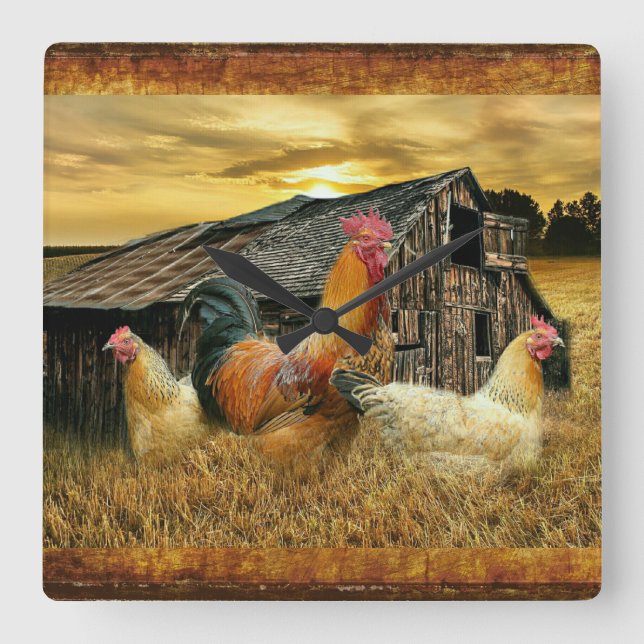 Relógio Quadrado Vintage Rooster Hens Russo Barn Coop (Frente)