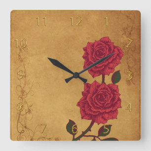 Relógio Quadrado Vintage Rosa vermelha Wedding