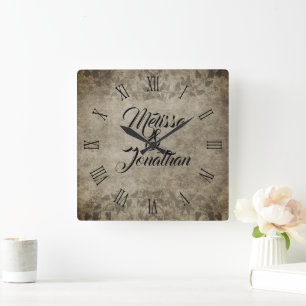 Relógio Quadrado Vintage rustic Bride Groom names