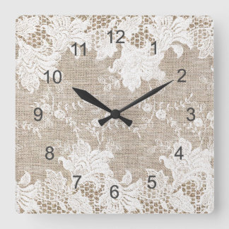 Relógio Quadrado Vintage rustic country beige burlap e white lace