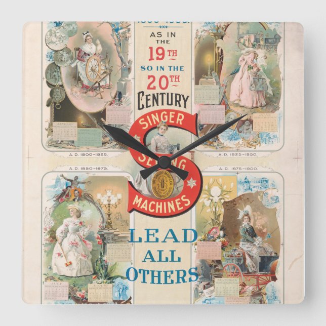 Relógio Quadrado Vintage Singer Sewing Machine Ad (Frente)