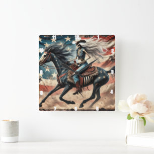 Relógio Quadrado Vintage Skeleton Rider em Horse American Flag