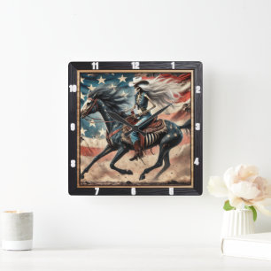 Relógio Quadrado Vintage Skeleton Rider em Horse American Flag