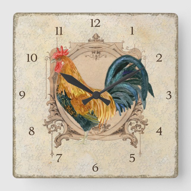 Relógio Quadrado Vintage Style Country Rustic Rooster Francês (Frente)