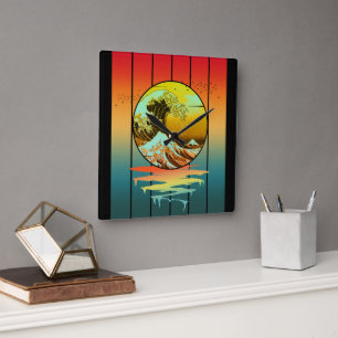 Relógio Quadrado Vintage Sunset Japonês Wave Ocean