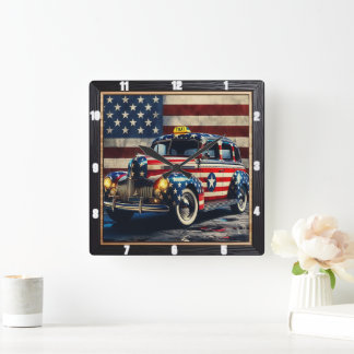 Relógio Quadrado Vintage Taxi American Flag