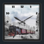 Relógio Quadrado Vintage Train Winter Christmas Cena<br><div class="desc">Um relógio quadrado com uma fotografia de uma paisagem de inverno nevada com pinheiros cobertos de neve. Um trem vermelho,  dourado e preto à moda antiga,  viajando pela natureza selvagem. Conjuga os pensamentos de voltar para casa no Natal.</div>