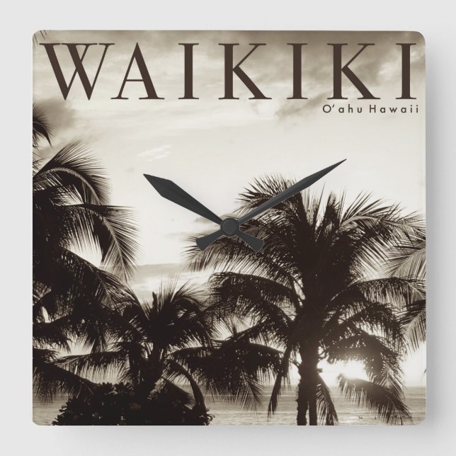 Relógio Quadrado Vintage Waikiki Palm Havaiano (Frente)