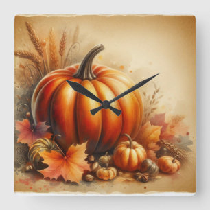 Relógio Quadrado Vintage watercolor de abóboras e folhas de outono