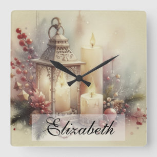 Relógio Quadrado Vintage Watercolor Lanterna e ornamentos de Natal