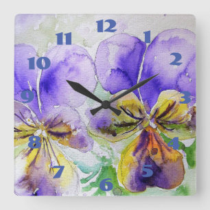 Relógio Quadrado Viola Roxo Pensamentos Aquarela Flor de Pensamento