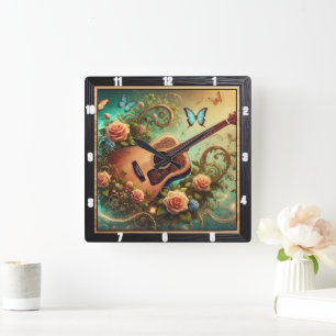 Relógio Quadrado Violão Acústico Cercado Flores e Borboletas