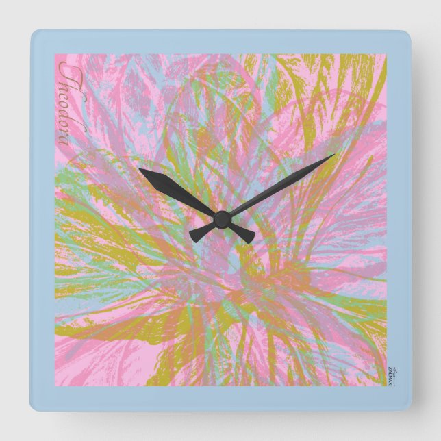 Relógio Quadrado Violeta Rosa-Rosa abstrato Dourada (Frente)