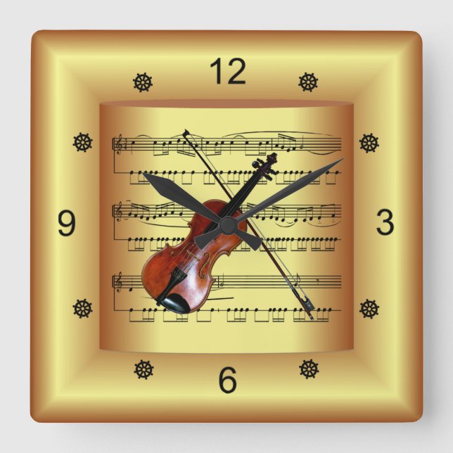 Relógio Quadrado Violin ~ Curved Sheet Music ~ Dourado Background ~ (Frente)