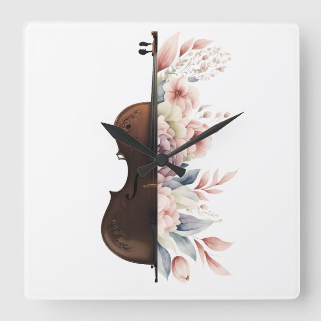 Relógio Quadrado Violino com flores. (Frente)