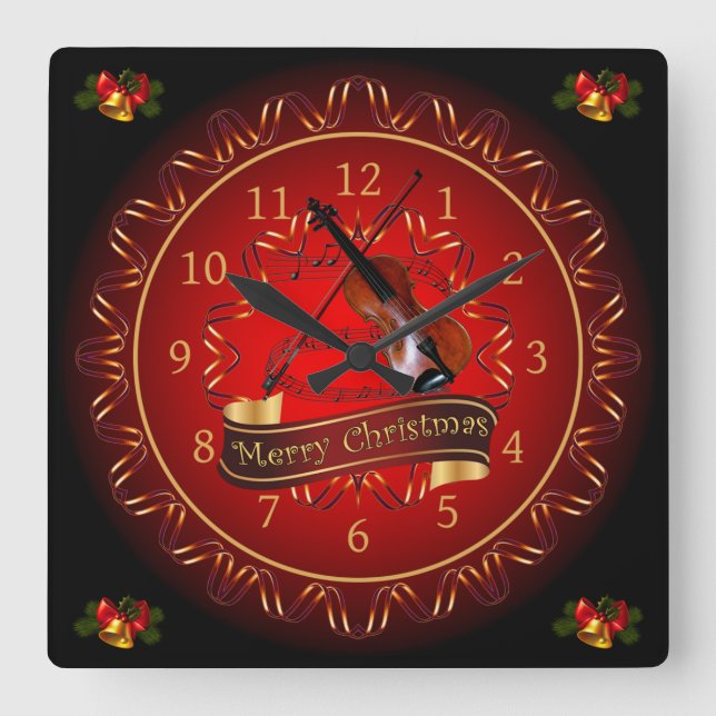 Relógio Quadrado Violino ~ Feliz Natal ~ Maroon & Black ~ (Frente)