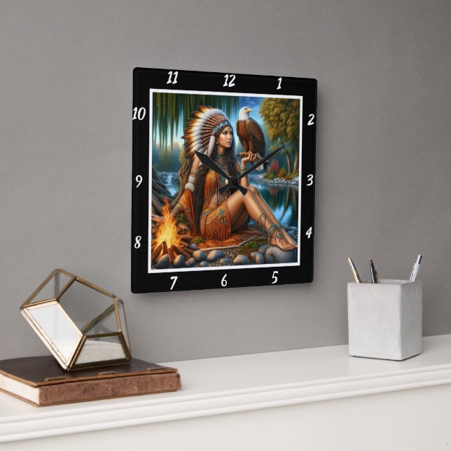 Relógio Quadrado Visão Nativa: Eagle's Eyes Mountain's Mist (Escritório)