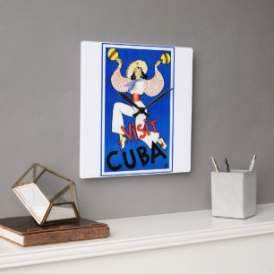 Relógio Quadrado Visite Havana, Cuba, Cartaz de Viagem Vintage Mara