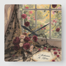 Relógio Quadrado Vitoriano de Formas de Outono Cortina Rosas Arte