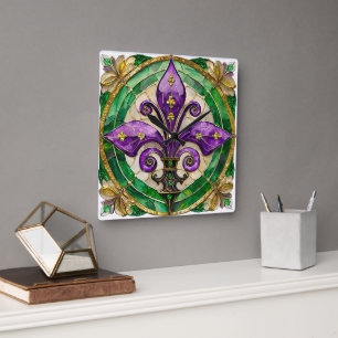 Relógio Quadrado Vitral Mardi Gras Fleur de lis