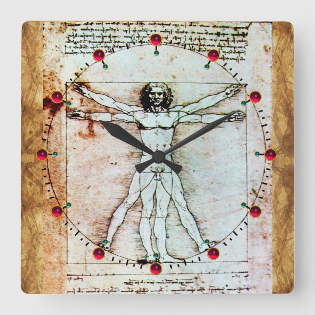 Relógio Quadrado VITRUVIAN MAN PAPEL Antiguo Vermelho Ruby Gemstone (Frente)