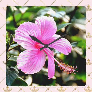 Relógio Quadrado Vivid Tropical Rosa Hibiscus