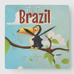Relógio Quadrado Voe para o Brasil pôster de férias vintage