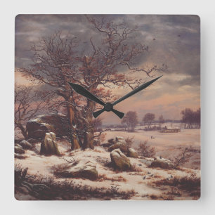 Relógio Quadrado Vordingborg no Inverno por J.C. Dahl Fine Art