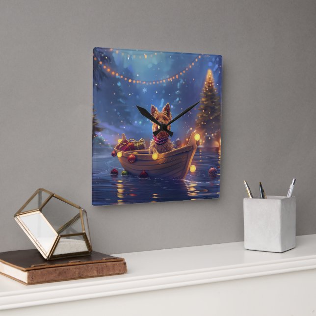 Relógio Quadrado Voyage festiva no Terrier Christmas australiano (Escritório)