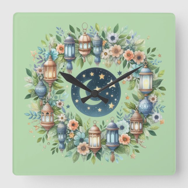 Relógio Quadrado Wall Clock-Eid Mubarak Wreath Wall Clock (Frente)